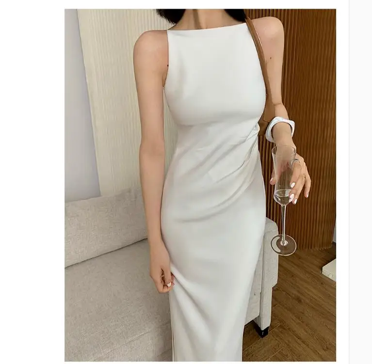 

2021 New Women Summer Spaghetti Strap Dress Sleeveless Sexy Elegant Black White Party Slit Dresses