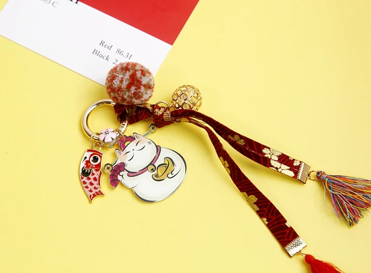 1pcJapanese originalhandmade с вышитыми цветами Кот приносящий удачу Манеки Неко сумка для ключей подвеска с помпоном llaveros