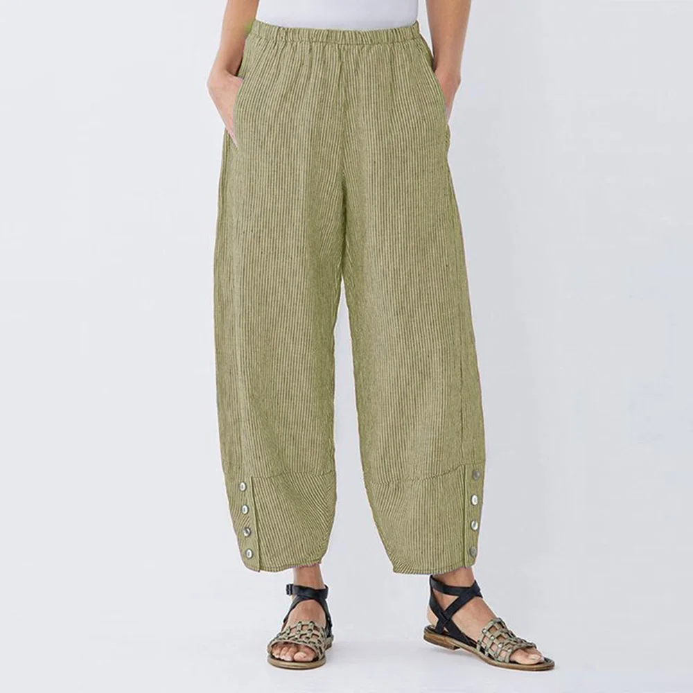 Women Casual Striped Harem Pants Vintage Loose Elastic Waist Trousers Pockets Button Asymmetrical Plus Size Wide Legs | Женская одежда