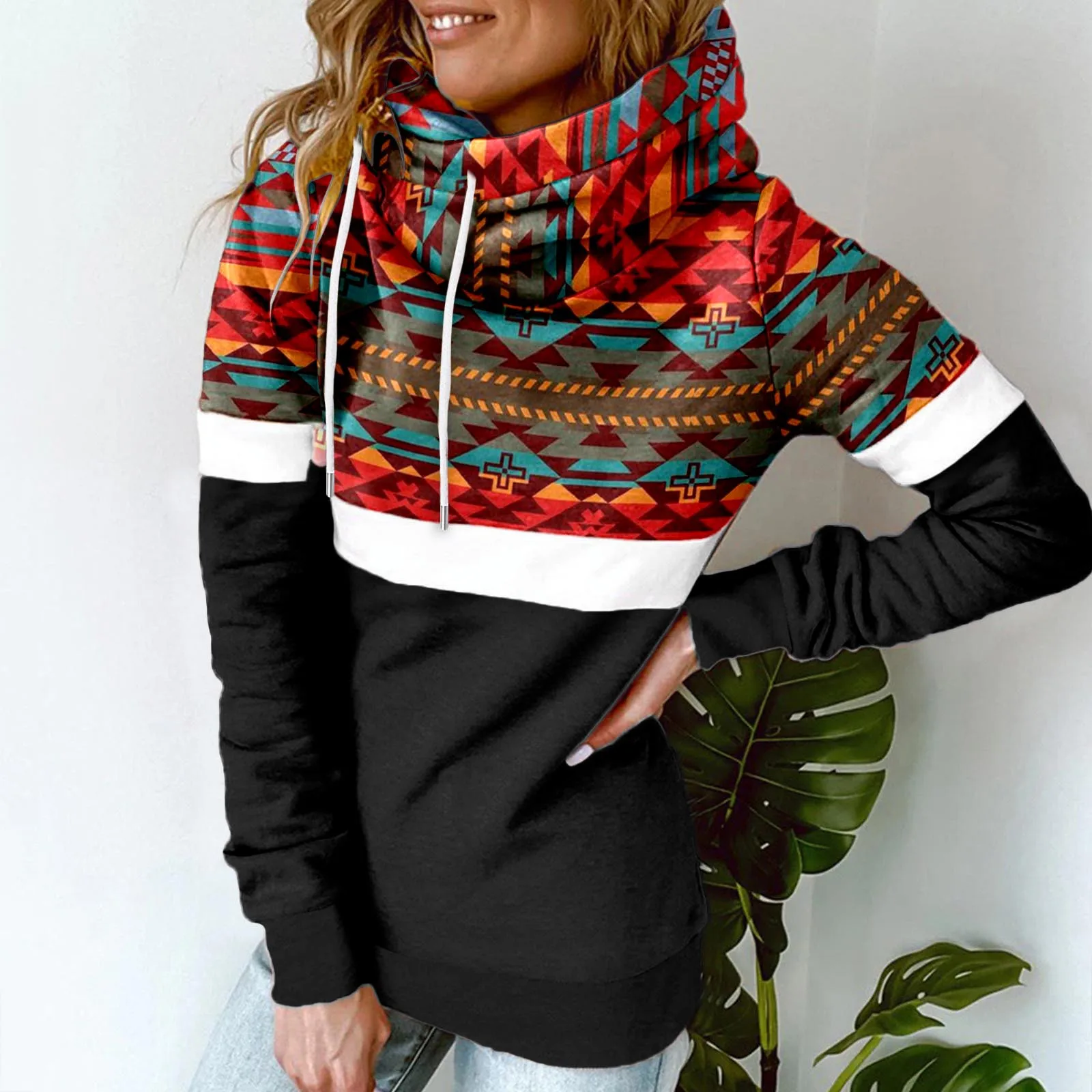 Women's Geometric Pattern Warm Scarf Neck Hoodie Pullover Vintage Western Ethnic Style Aztec Print Drawstring Hooded Sweatshirt