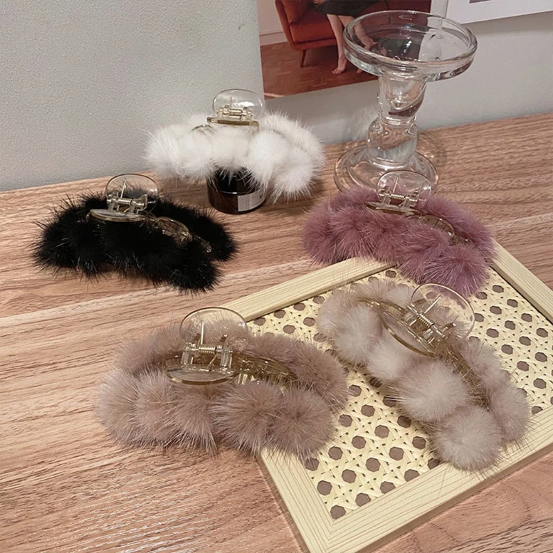 

Furry Plush Ball Hair Claw for Women Girls Korean Style Elegant Non Slip Jaw Clips Ponytail Holder Retro Hair Accessory
