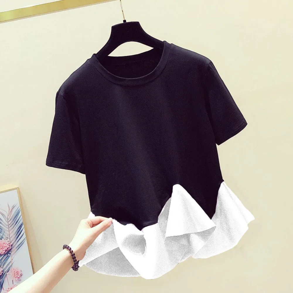 

Women T-shirt 2022 New Summer Short Sleeve Casual Patchwork Ruffle Basic Tops Tee Korean Fashion Simple Pullover Loose Clothes