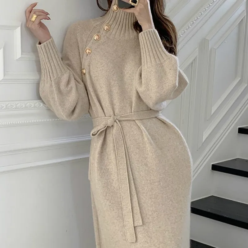 

Woman Knitted Dress 2021 Casual Button Long Sleeve Sweaters Women's Autumn Winter Dress with Belt Elegant Warm Dresses Female
