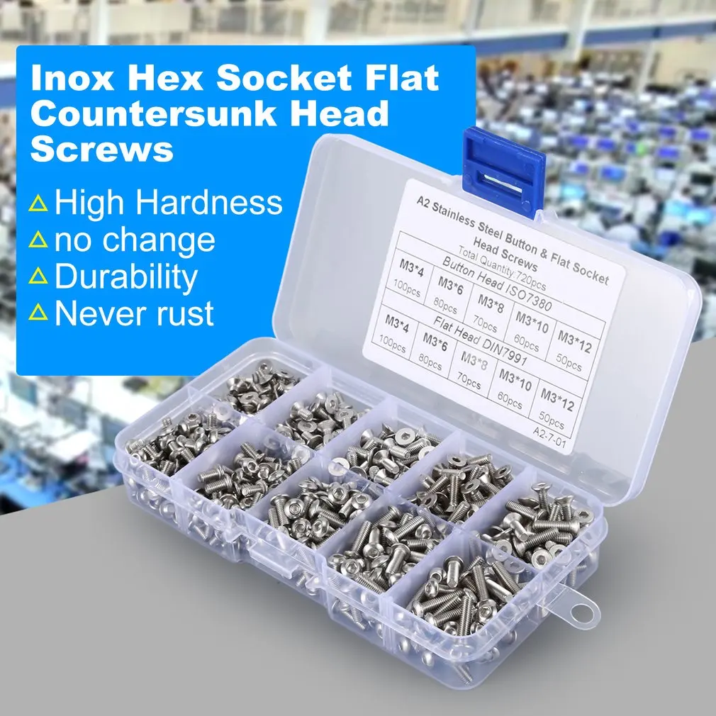

720PCS Stainless Steel Inox Hex Socket Flat Countersunk Head Cap Allen Key Head Screws Set Assortment Kit M3*4/6/8/10/12mm