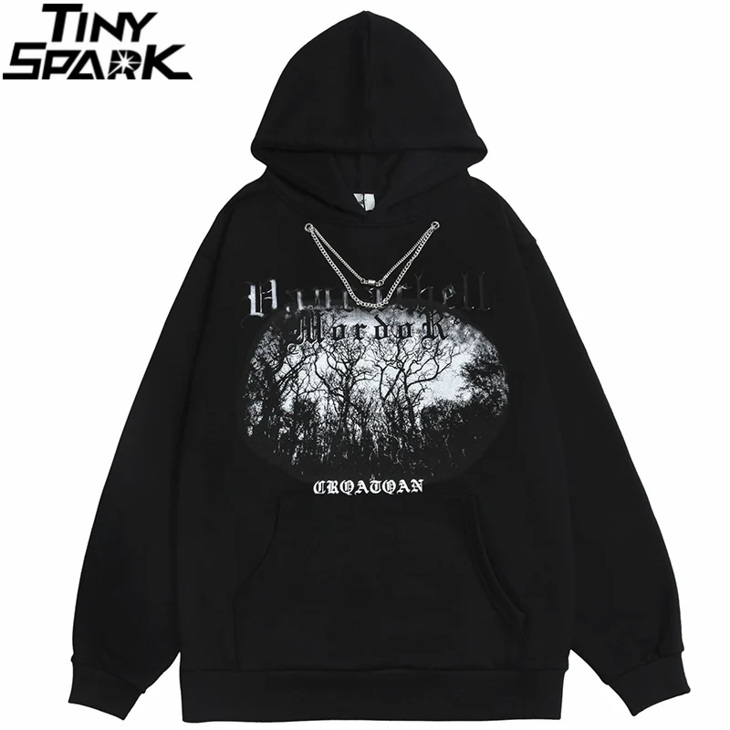 

Hip Hop Streetwear Hoodie Sweatshirt Tree Print Chain Pullover 2021 Men Harajuku Cotton Fleece Hooded Sweatshirt Black Winter