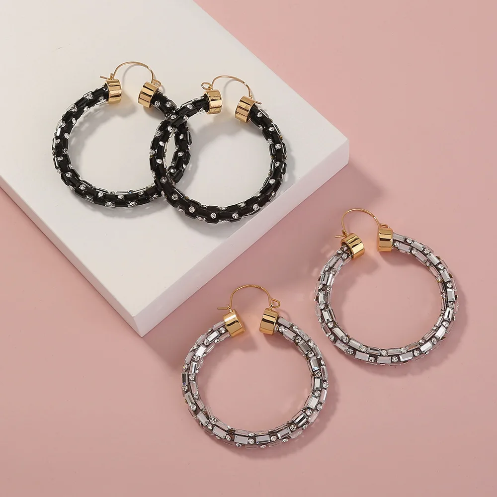 

LUOLER 2 Pairs Boho Big Round Hoop Earrings for Women Trend Jewelry Sets Alloy Rhinestone Hanging Earring for Famale Party Gift