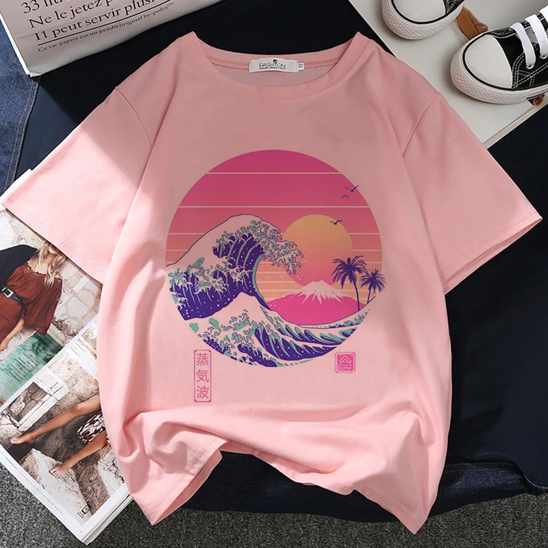 Футболка женская с графическим принтом гор и волн модный винтажный розовый топ в