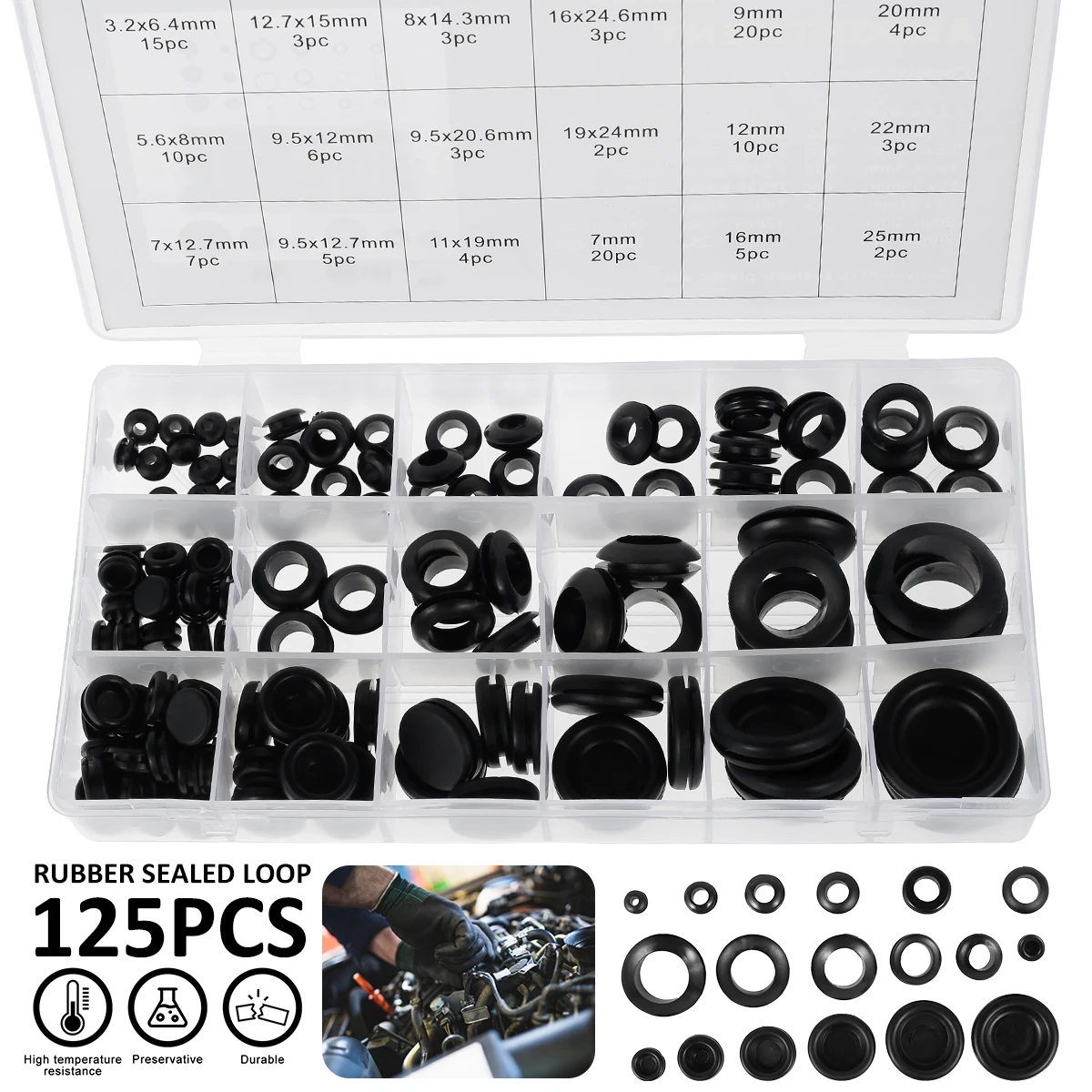 

125 Pcs Rubber Cable Grommets Tools Rubber Grommet Assortment Set Black Rubber Kit Seal Sealing Ring Gasket Set 18 Sizes