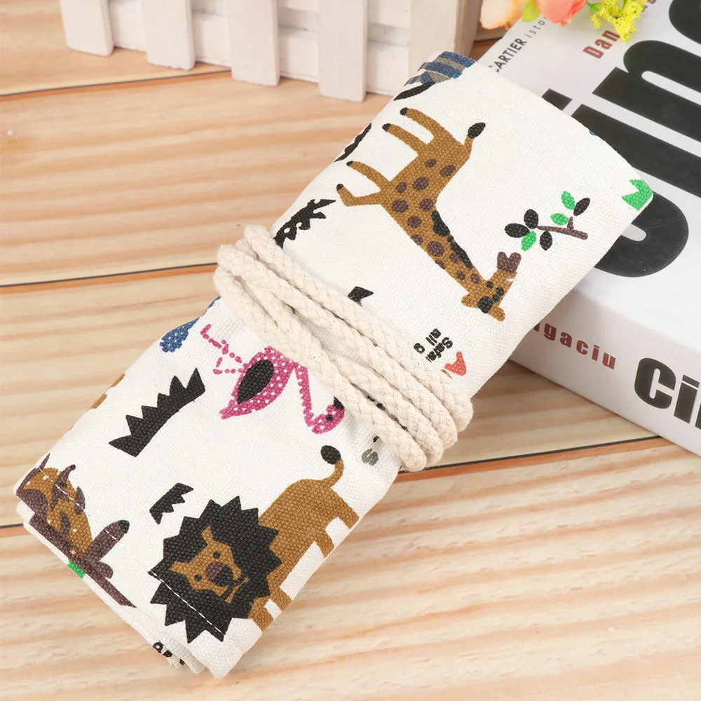 

Zoo Themed Canvas Portable Handmade Rolling Pencil Roll Wrap Holder Pouch Case Storage Organizer With 48 Slots