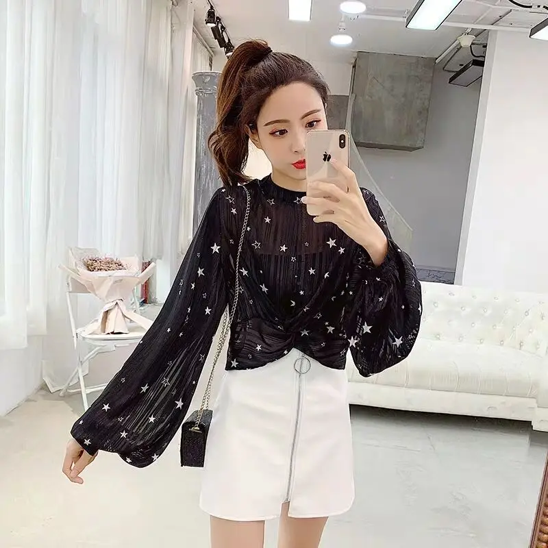 MUMUZI 2019 Осень Новая мода фонари рукава звезды печать короткий дизайн белая и
