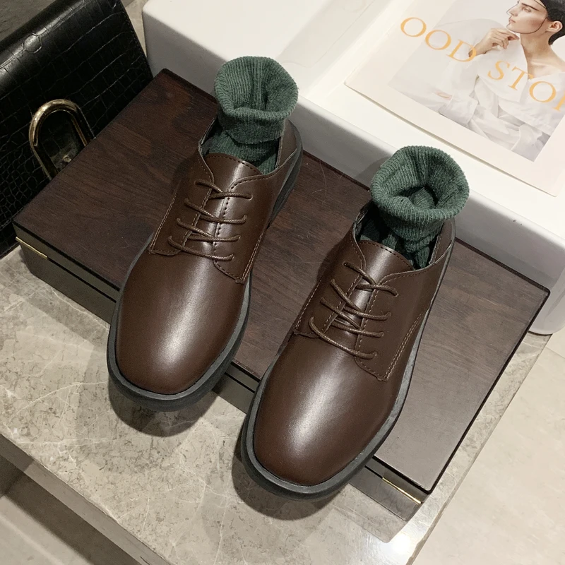 Туфли-оксфорды женские Кожаные броги плоская подошва офисные полностью черные