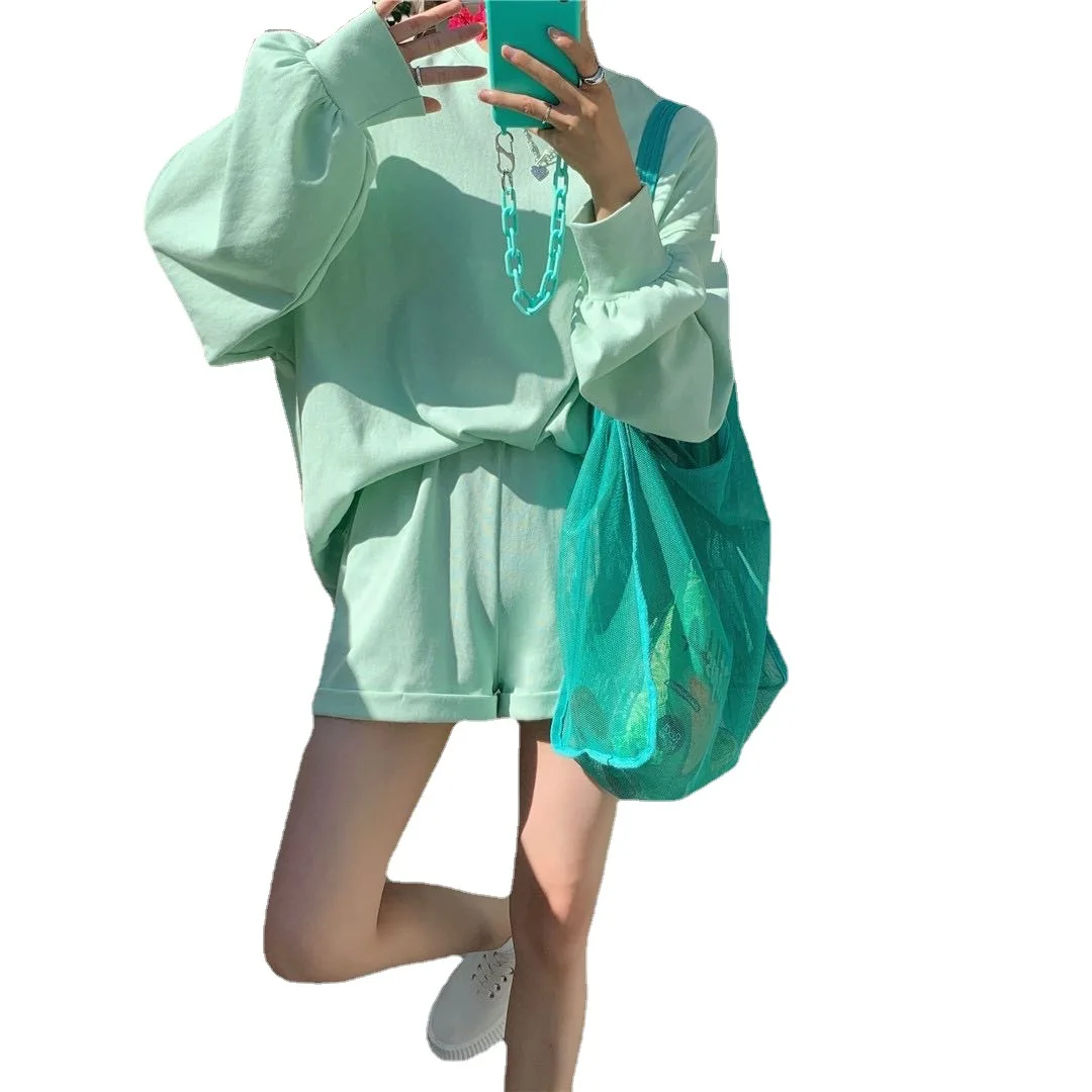 

Women's candy color hoodies and shorts set 2021 sping new oversized top and short suits 4 colors