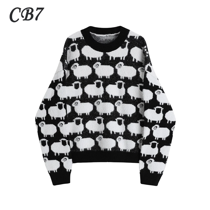 

2021 New Autumn Sheep Jacquard Pullover Women Korean Round Neck Causal Base Long Sleeve Knitted Top Female