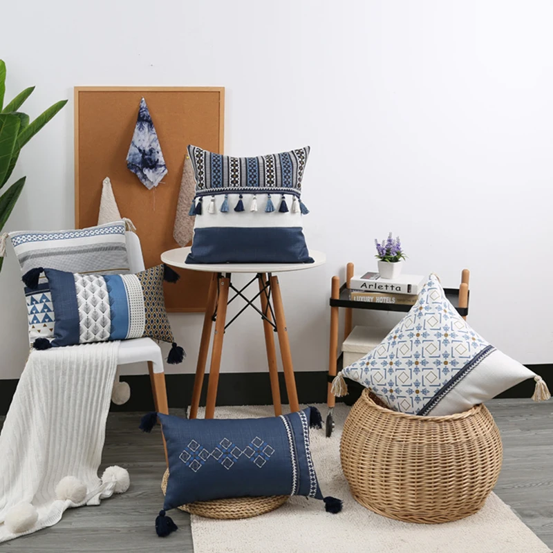 

Morocco Blue Printed tassel square Cushion Cover 45x45cm Geometric Jacquard Tassel pillow cover living room sofa pillow cover