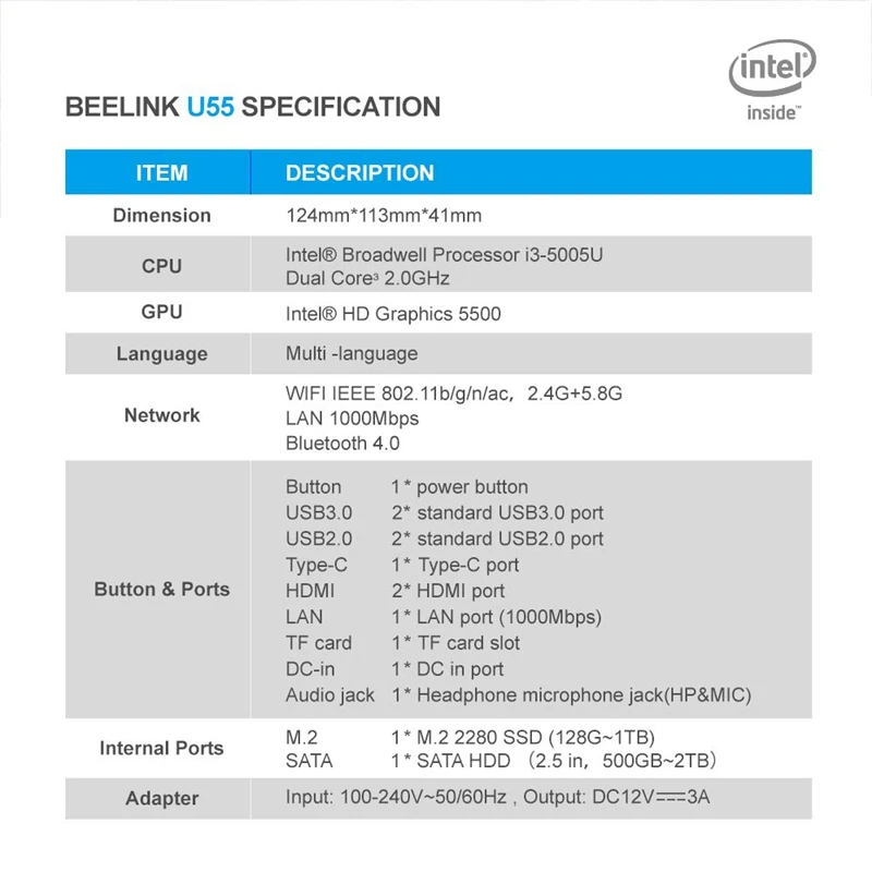 Beelink U55 Мини ПК процессор Intel Core I3 5005U (Intel Hd изображение 5500) Ddr3L 8 Гб Ram/256 ГБ Ssd/Diy Hdd 1000
