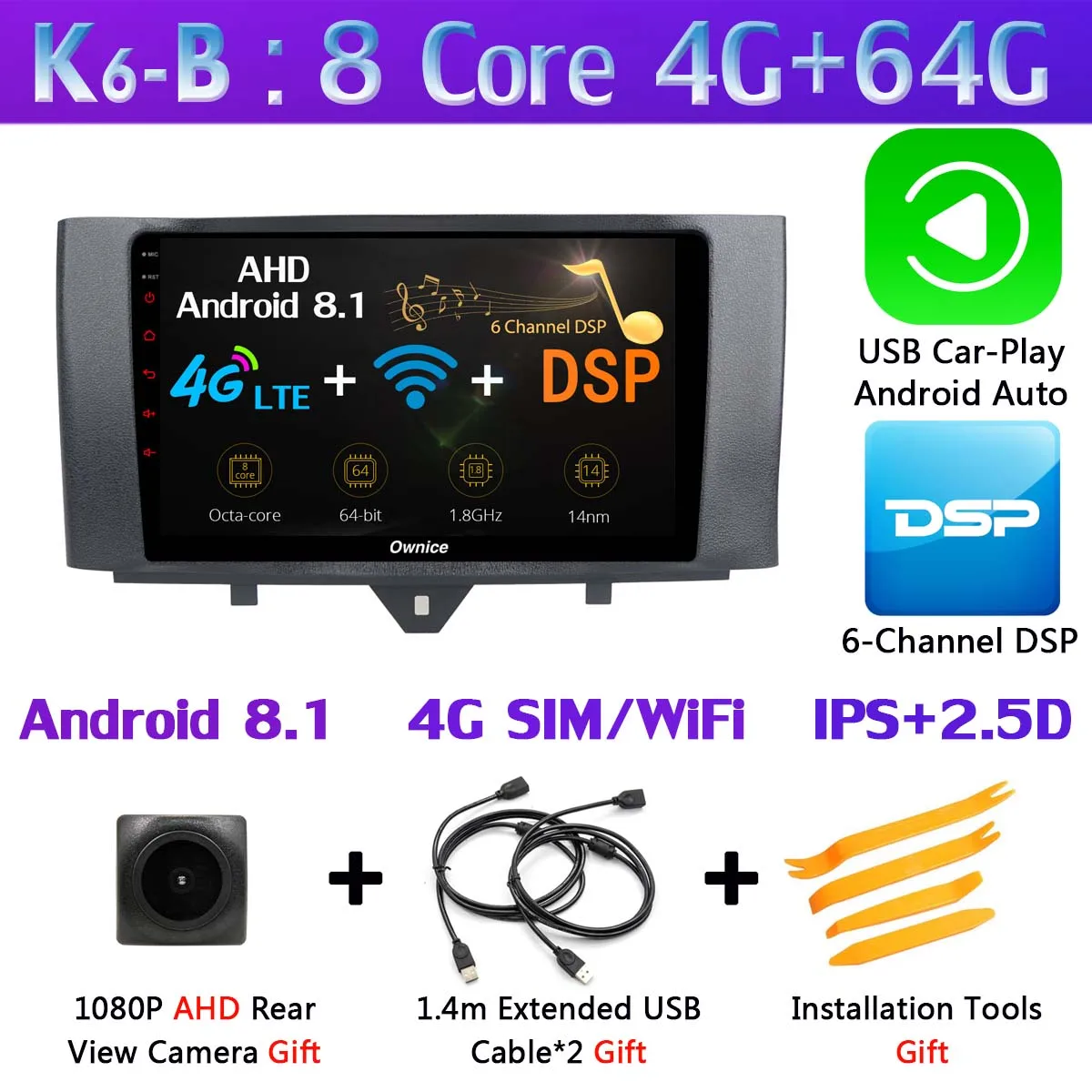 360°4×AHD камера Android 9,0 4G+ 64G gps радио CarPlay SPDIF DSP Автомобильный мультимедийный плеер для Mercedes Benz Smart Fortwo 2011 - Цвет: K6-B-CarPlay