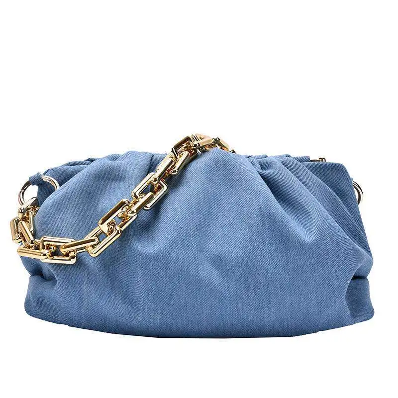 

Thick Chain Cloud Bag Retro Underarm Bag 2021 New Soft Fold Designer Female Dumpling Crossbody Bag Denim Clutch Handbag Bolsos