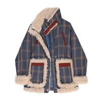 2022 women vintage plaid lamb wool jacket winter chic casual warm thickened zippers locomotive lapel trendy cotton padded coat