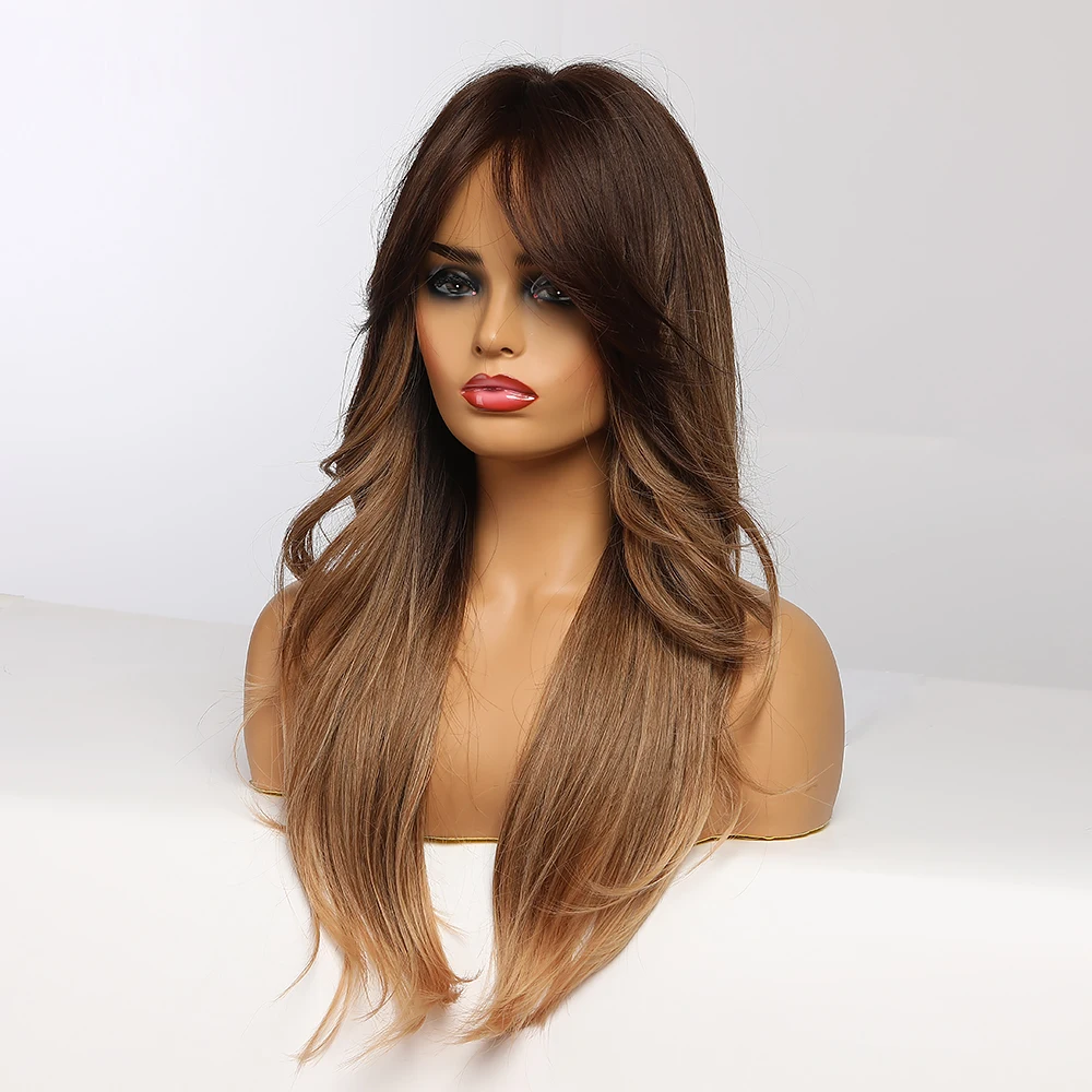 Длинные волнистые коричневые синтетические парики Омбре натуральные волосы для