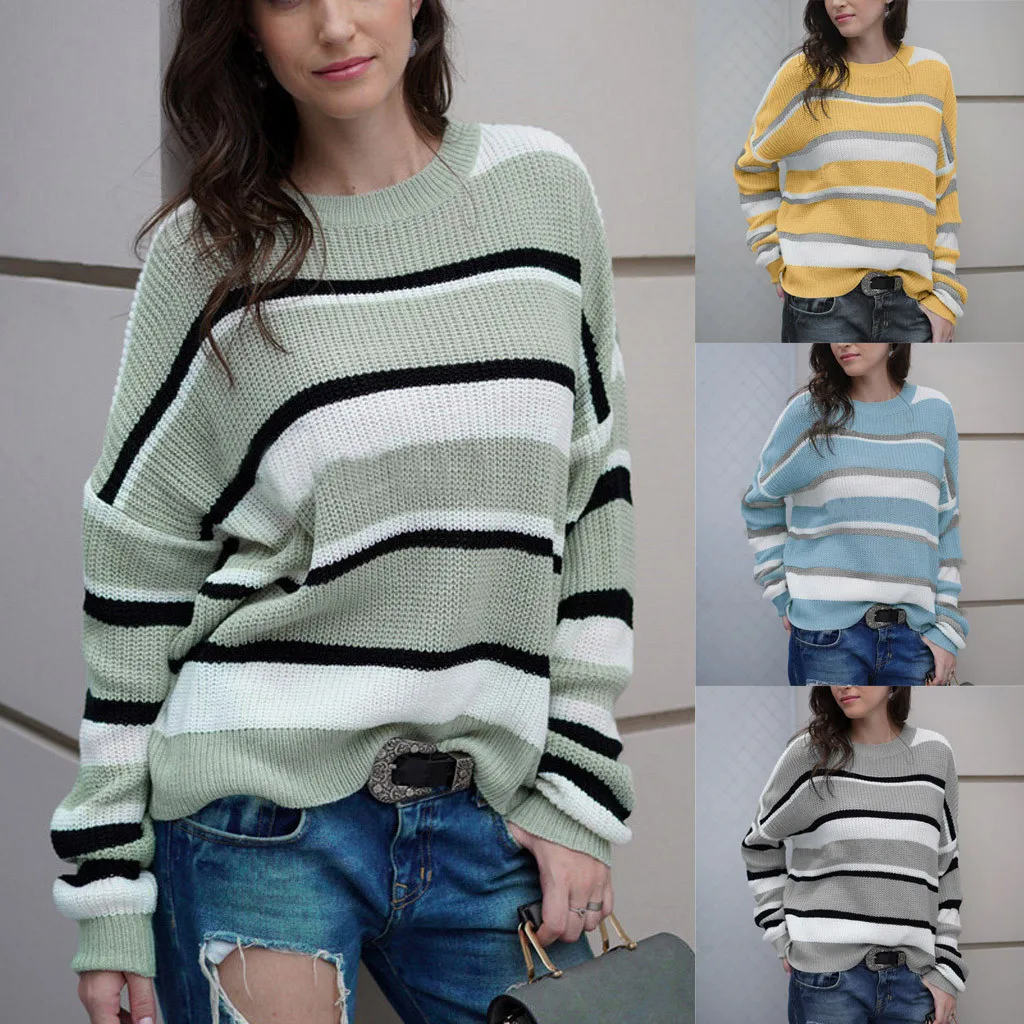 

Fashion Women Winter Striped Long Sleeve Solid Knitted Pullover Tops Blouse Korean Female Tricot Jersey Jumper Pull Femme