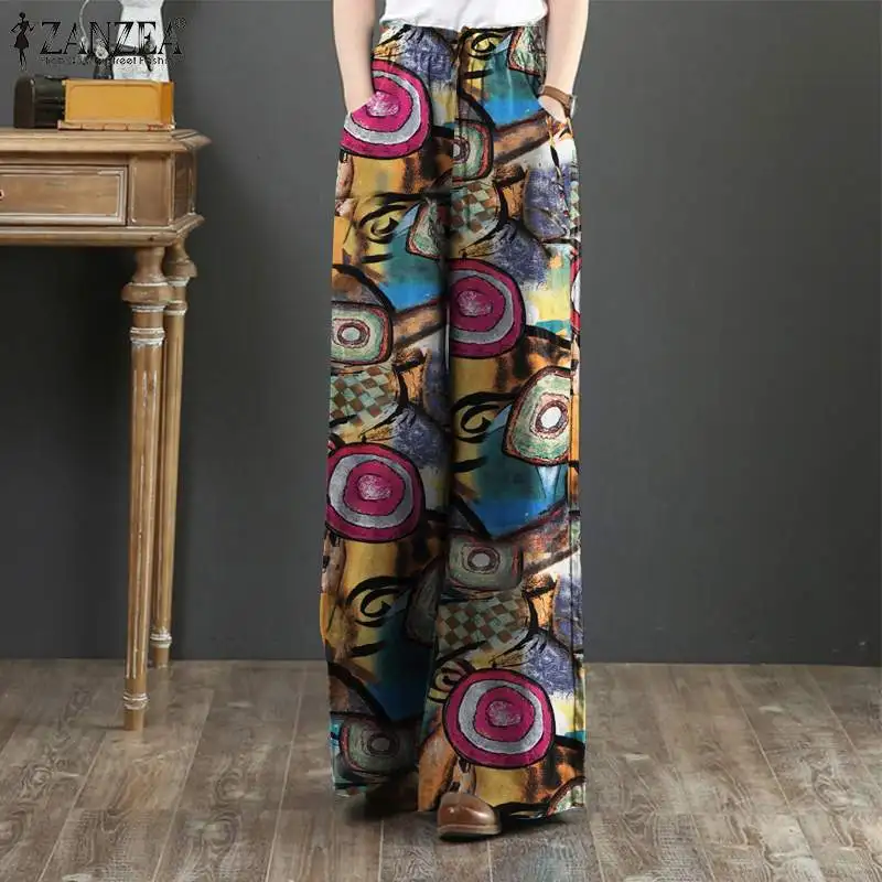 

ZANZEA Bohemian Cotton Trouser Women Elegant Wide Leg Long Overalls Pant Autumn Retro Baggy Elastic Waist Pantalon Work Palazzo