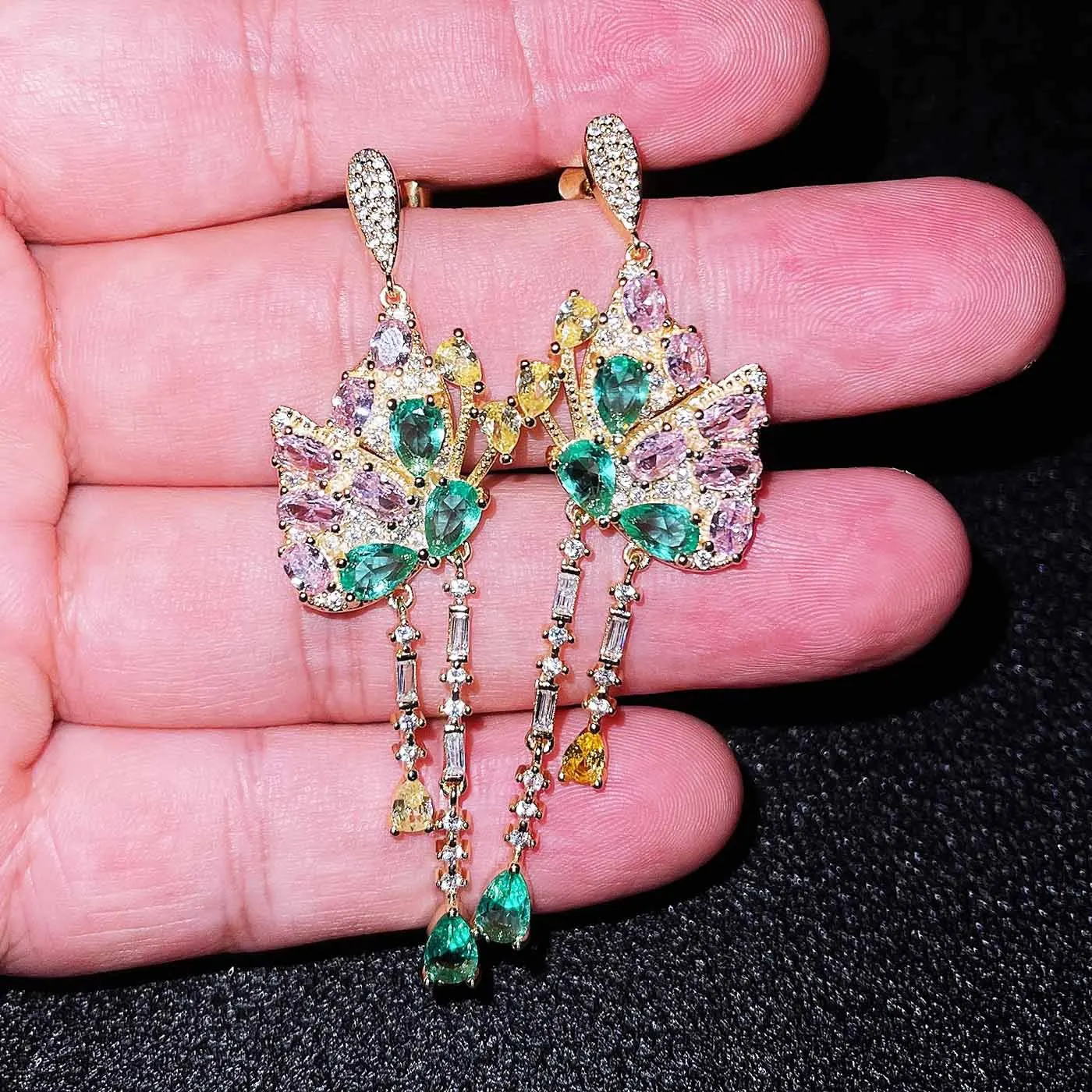 

Inspired design new style inlaid colorful diamond tassel butterfly long earrings temperament dinner ladies jewelry