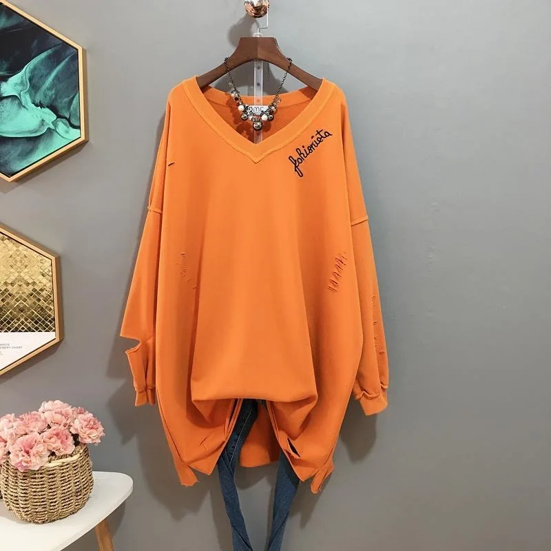 

BF Style Women Oversized V Neck Long Sleeve Hole Letter Embroidery Sweatshirt Women Clothing