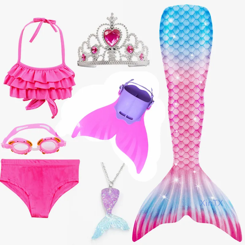 

2023 NEW Arrival!Rainbow Style Mermaid Tail Swimsuit With Minofin Swimsuit Bikini Bathing Suit Dress For Girl Holiday Costumes