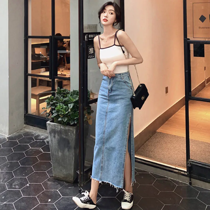 Женская длинная джинсовая юбка повседневная средней длины на пуговицах с