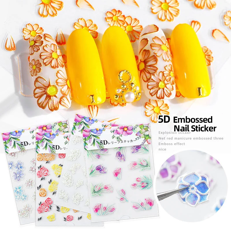 

5D Flower Nail Stickers Embossed Nail Sticker Slice Flower Transfer Sticker Nail Art DIY Design 5D Decoration Nail Art