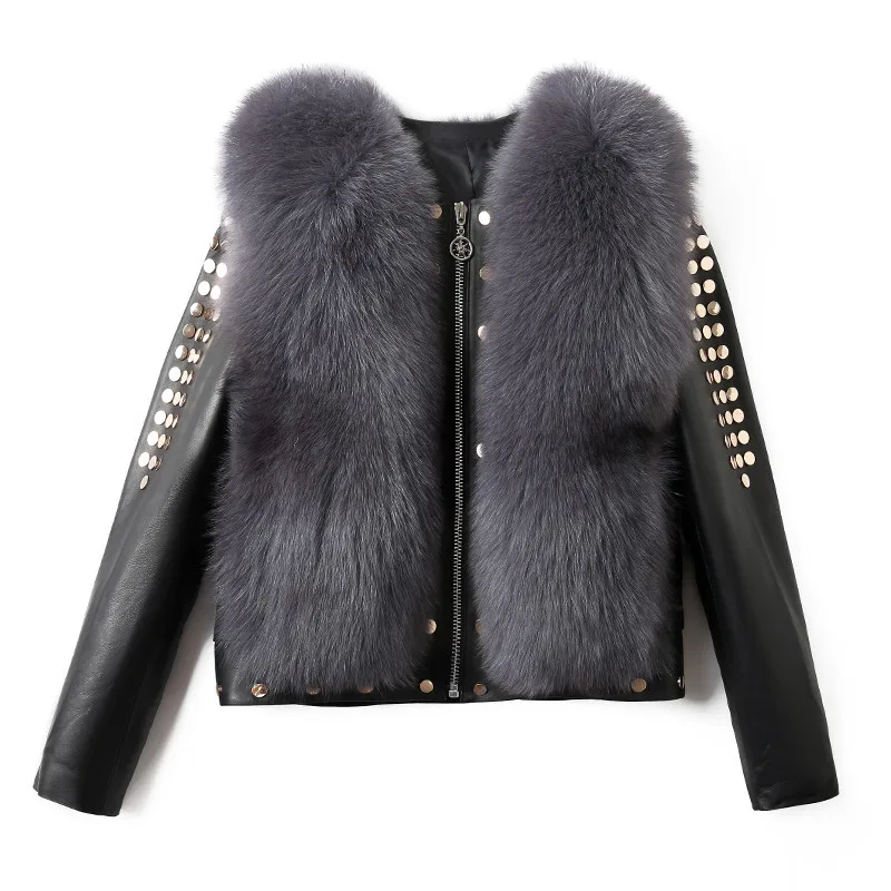 Женская короткая куртка из натуральной кожи мотоциклетная хлопка с лисьим мехом