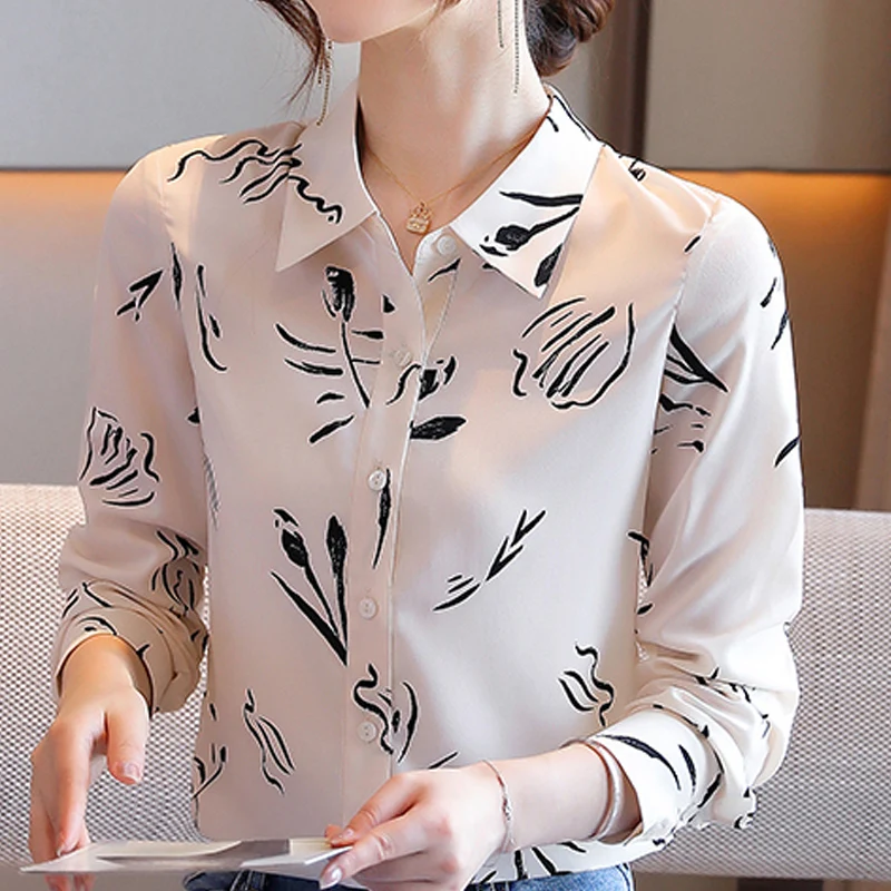 

Блузка женская шифоновая с отложным воротником и принтом, D462