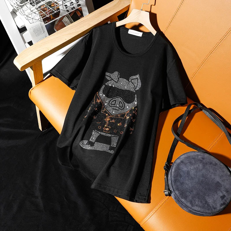 

Женская свободная футболка Hiawatha, свободная футболка с коротким рукавом и принтом в виде свиньи и бриллиантов, большие размеры, модель TX110 на ...