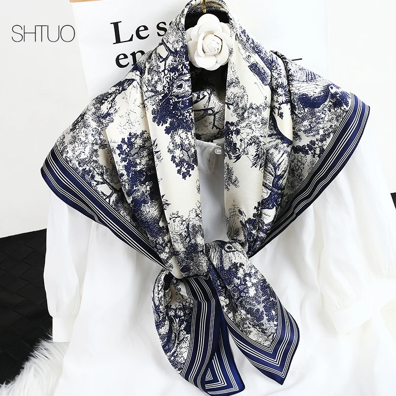 

100% натуральный шелк, квадратные шарфы 90*90 см, сине-белый фарфоровый платок, шарфы для женщин, красивая Бандана с принтом, подарок для мамы