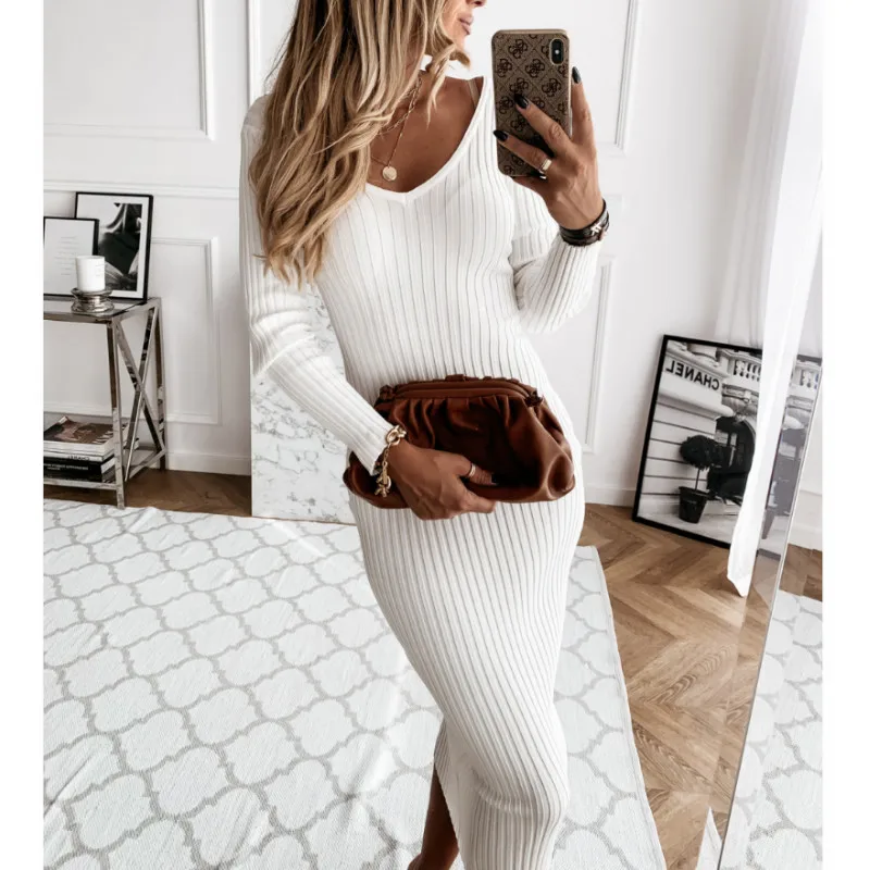 

Hirigin 2020, модное женское осеннее однотонное облегающее платье с длинным рукавом, Весенняя уличная одежда, сексуальное платье с V-образным выр...