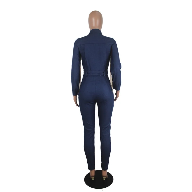 

Sexy Deep V Neck Denim Party Jumpsuit Women Long Sleeve Tassels Bandage Playsuit Bodycon High Waist Sashes One Piece Overalls