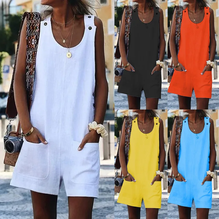 

2021 Summer New Hot-Sale Women's Clothing Cotton and Linen Loose Strap Button Jumpsuit