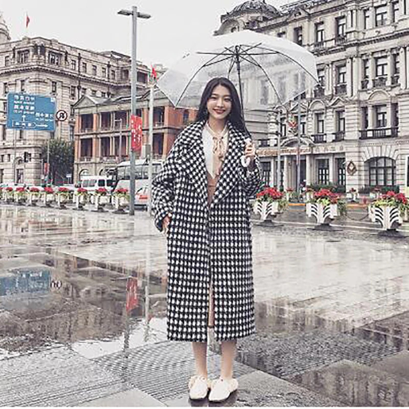 Зимнее 2019 шерстяное пальто женское длинное в клетку винтажное выше колена