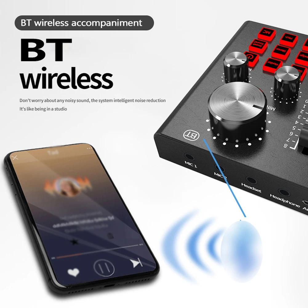 

Live Sound Card and BM800 Suspension Microphone Kit Broadcasting Recording Condenser Microphone Set Intelligent Audio Mixer