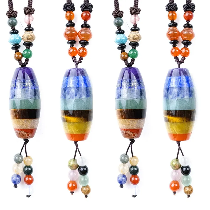 

FYJS Unique Colorful Rainbow Stone with Small Beads Pendant Handmade Weave Rope Chain Necklace Healing Chakra Jewelry