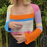 y2k women crochet knit crop tops long sleeve color block hollow out regular fit women t shirts streetwear