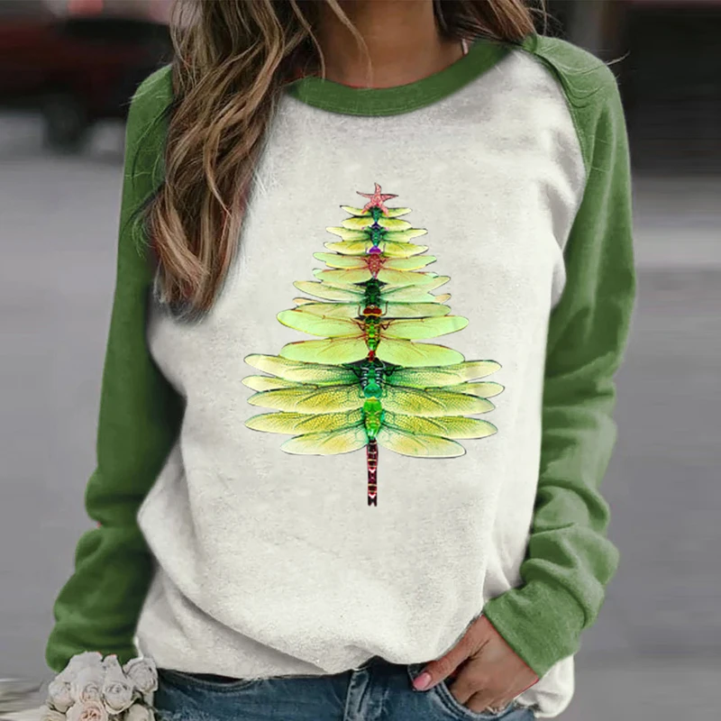 

Women Casual Christmas Tree Printed Blouses Elegant Patchwork Loose O Neck Pullover Tops Streetwear Plus Size Female Shirt Blusa
