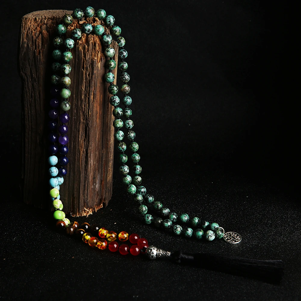 YUOKIAA 108 Mala Beads ожерелье с ручным узелком 7 Чакр Йога Медитация деревом жизни кулон