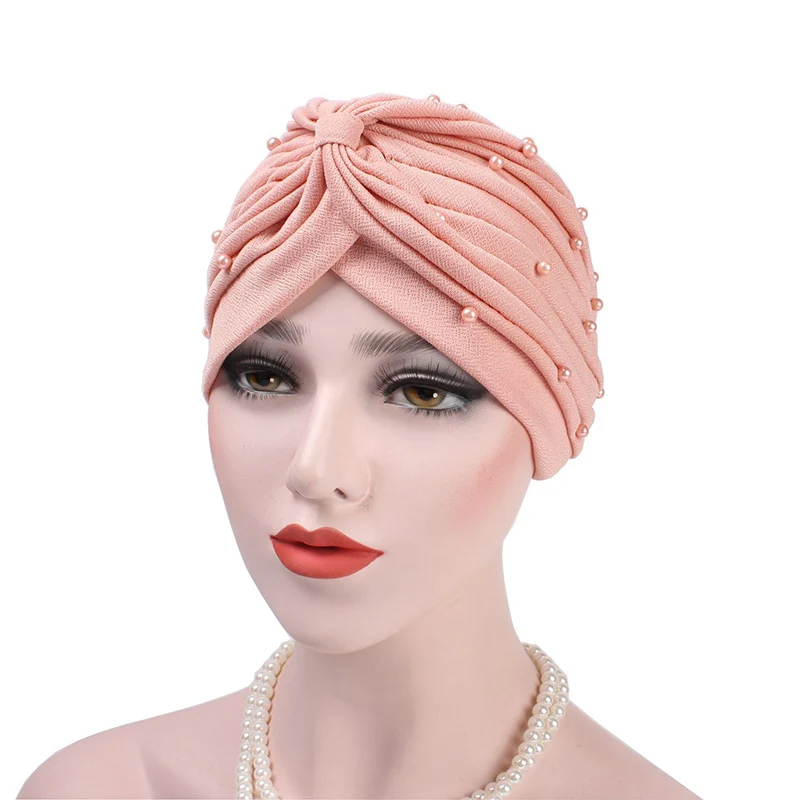

2019 New Fashion Muslim Ruffle Cancer Chemo Hat Head scarf With bead Turban Head for Women Warp cap Hijab Islamic Chemtherapy