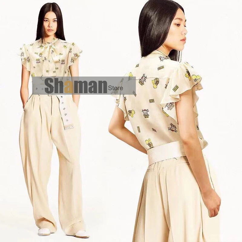

luxury designer 2021 summer HIGH END branded cartoon print shirt short sleeve pure mulberry silk fashion shirts blouse blusas