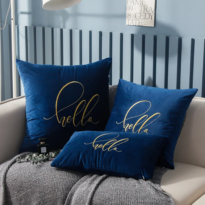 Blue 45x45 см мягкий чехол мягкий бархат домашняя декоративная Подушка Крышка Привет вышивка/30x50 см/55x55 см синий зеленый красный серый фиолетовый - Цвет: Blue