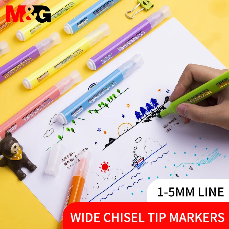 

M&G 6 Colors Wide Chisel Tip Markers Fluorescent Highlighters Assorted Color Maker Chisel Tip Highlighter Pens, 12 Count