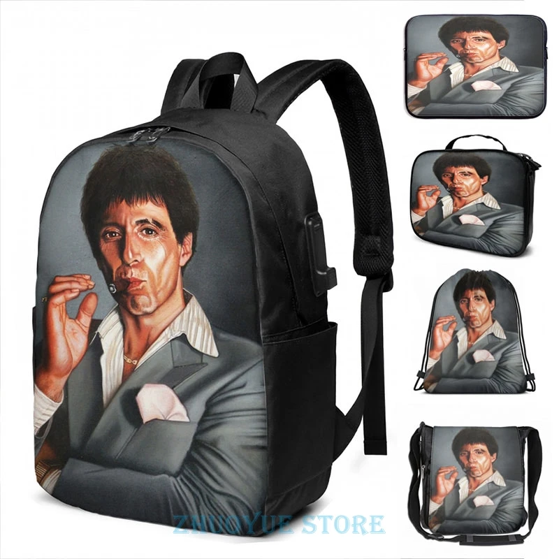 Забавный рюкзак с графическим принтом Тони Монтана USB-зарядкой мужские школьные