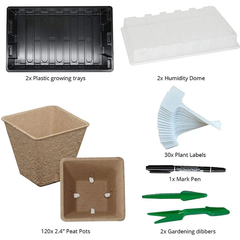 

T8NA 1 Set Seed Starter Kit with 120pcs Peat Pots+ 2pcs Plastic Growing Trays+30pcs Plant Labels+1pc Mark Pen+2pcs Gardening for