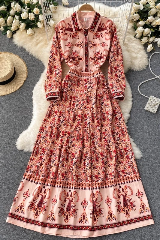 

Elegant dress women's autumn new long sleeve Single Breasted print floor length dress 2021 new high quality fashion designer
